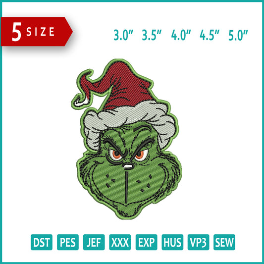 Grinch Face v10 Embroidery Design Files - 5 Size's