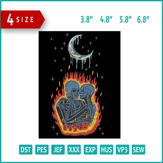 Skeleton Couple Night Embroidery Design Files - 4 Size's