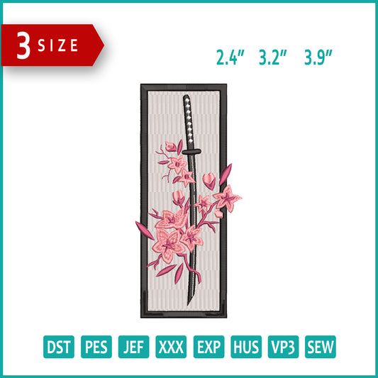 Japanese Katana with Sakura Blossom Embroidery Design Files - 3 Size's