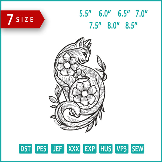 Floral Feline Elegance Embroidery Design Files - 7 Size's
