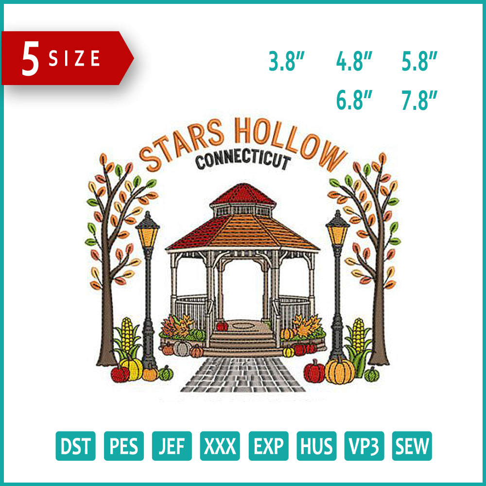 Hollow Connecticut Gazebo Embroidery Design Files - 5 Size's