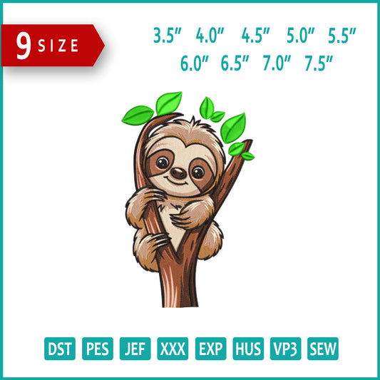 Tree Hugger Sloth Embroidery Design Files - 9 Size's