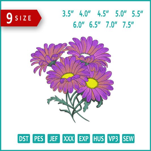 Vibrant Purple Daisies Embroidery Design Files - 9 Size's