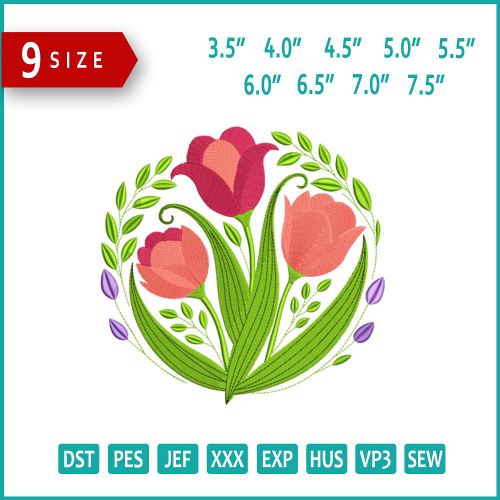 Vibrant Tulips Embroidery Design Files - 9 Size's