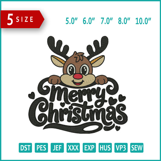 Merry Christmas Deer Embroidery Design Files - 5 Size's