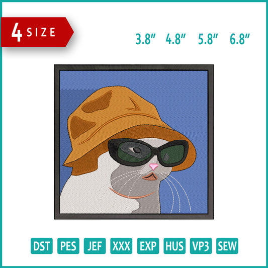 Meme Cat In Glasses and Panama Embroidery Design Files - 4 Size's