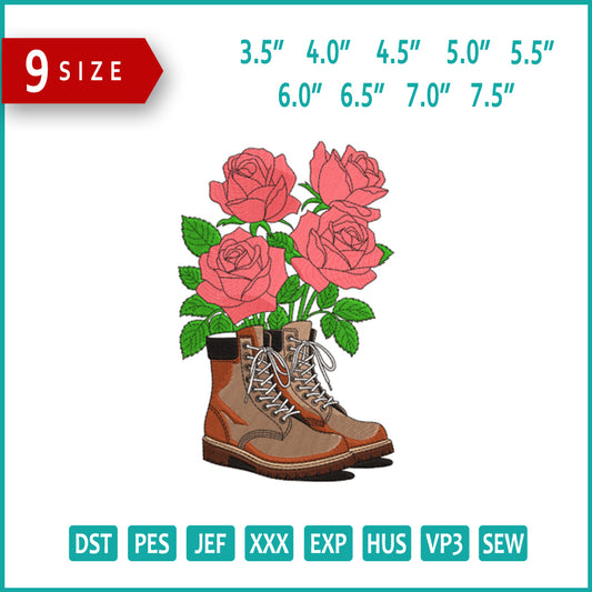 Roses in Work Boots Embroidery Design Files - 9 Size's