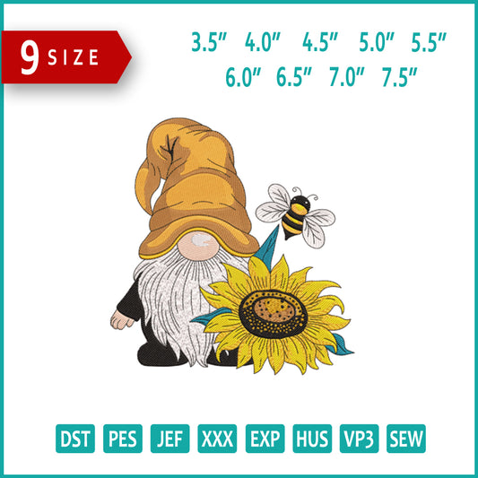 Sunny Days Gnome and Bee Embroidery Design Files - 9 Size's