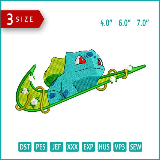 Bulbasaur Swoosh v2 Embroidery Files - 3 Size's