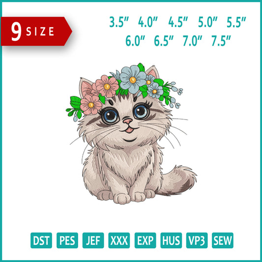 Floral Cutie Cat Embroidery Design Files - 9 Size's