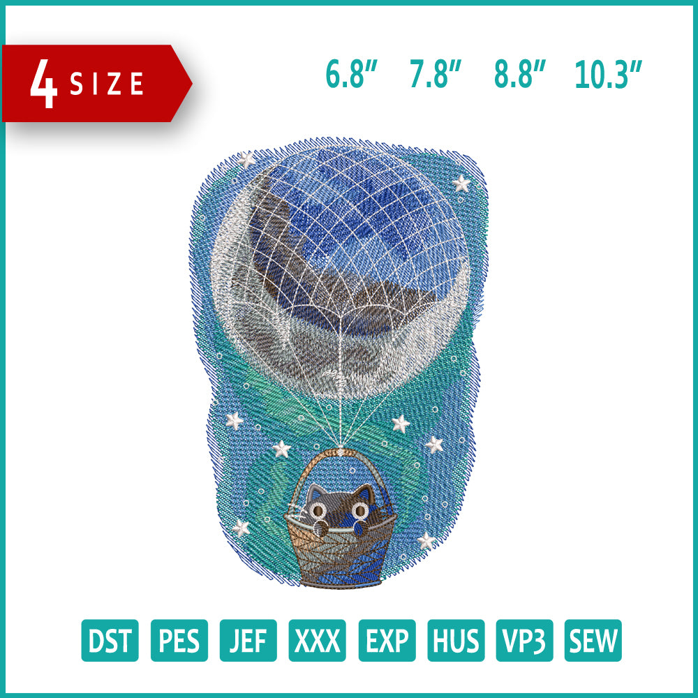 Up and Away Galactic Kitty Embroidery Design Files - 4 Size's
