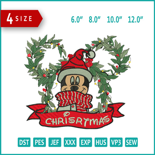 Mickey Mouse Christmas Wreath Embroidery Design Files - 4 Size's