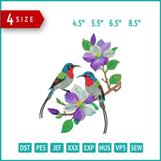 Flower Birds Embroidery Design Files - 3 Size's