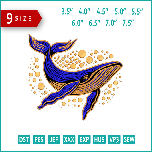 Blue Whale Embroidery Design Files - 9 Size's