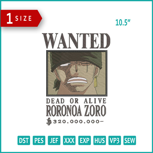 Wanted Zoro Bounty Embroidery Design Files - 1 Size