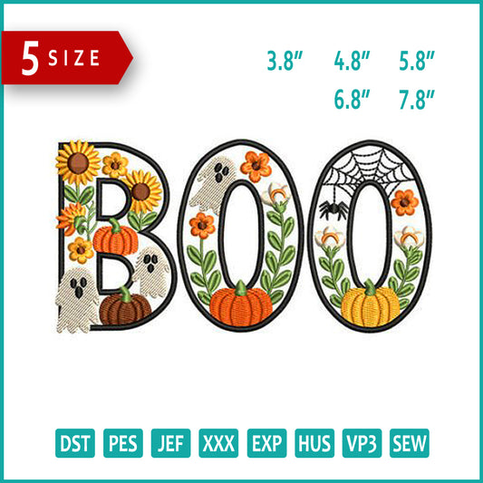 Floral Boo v2 Embroidery Design Files - 5 Size's