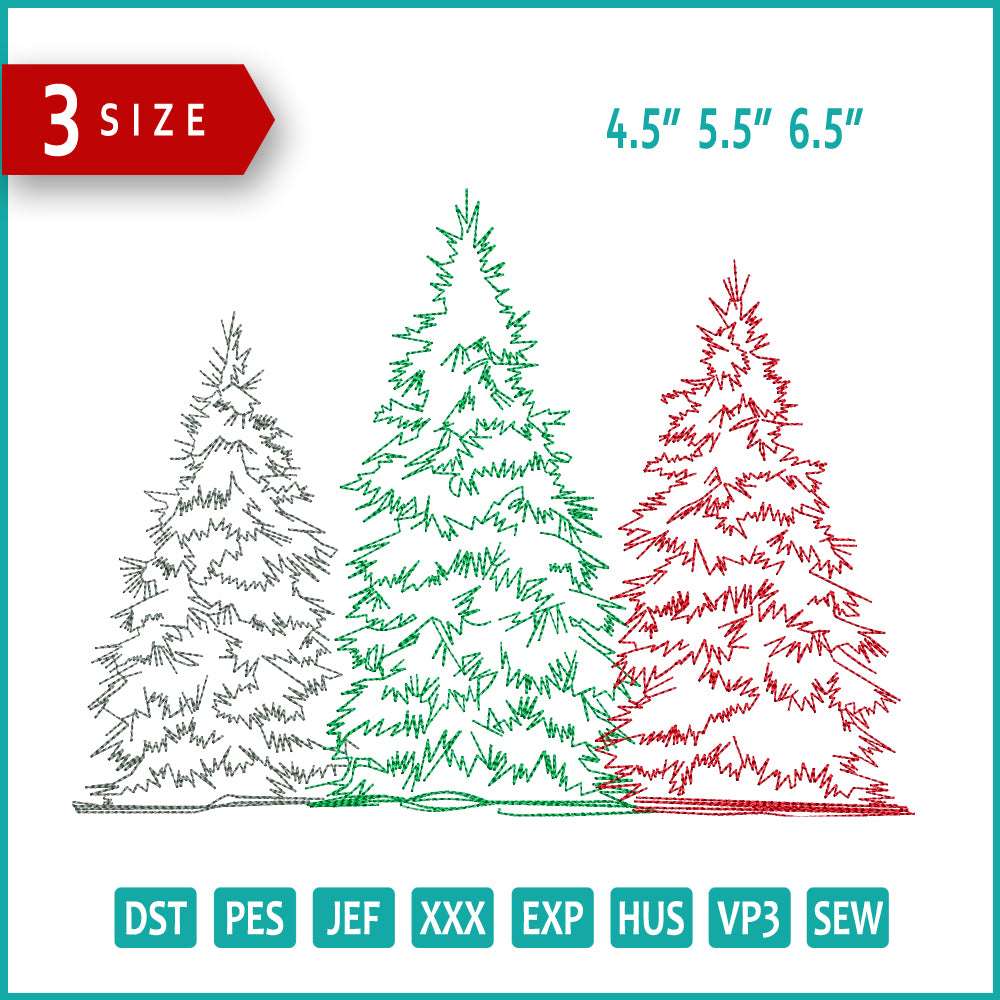 3 Christmas Tree v3 Embroidery Design Files - 3 Size's