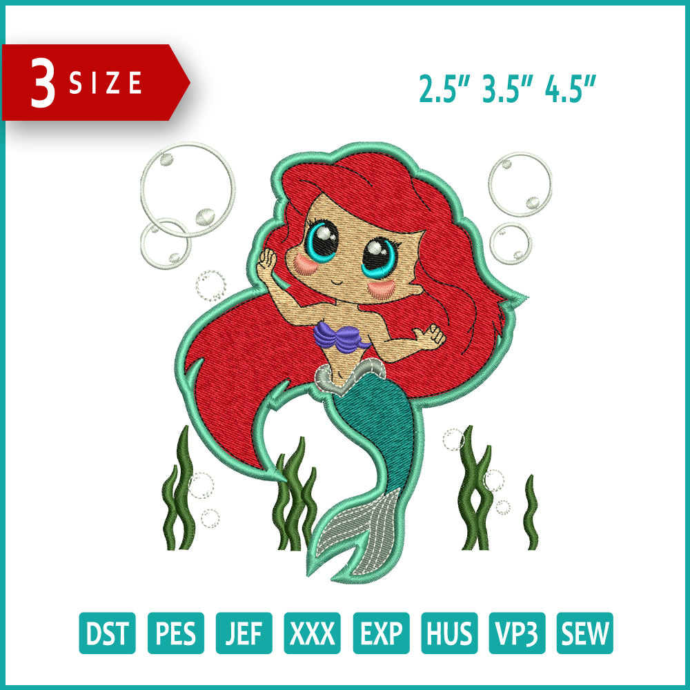 Chibi Ariel Embroidery Design Files - 3 Size's