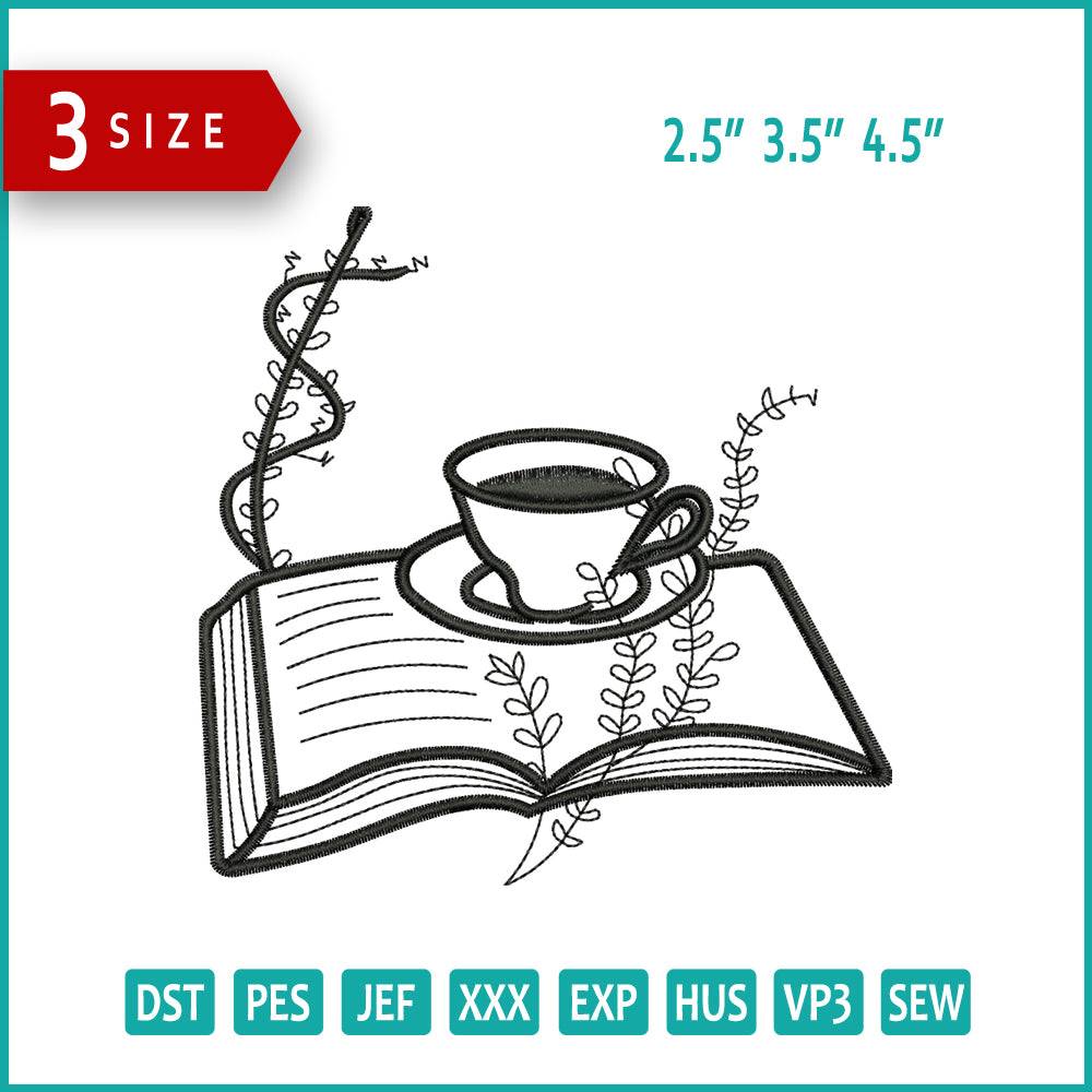 Book With Coffee Cup Embroidery Design Files - 3 Size's