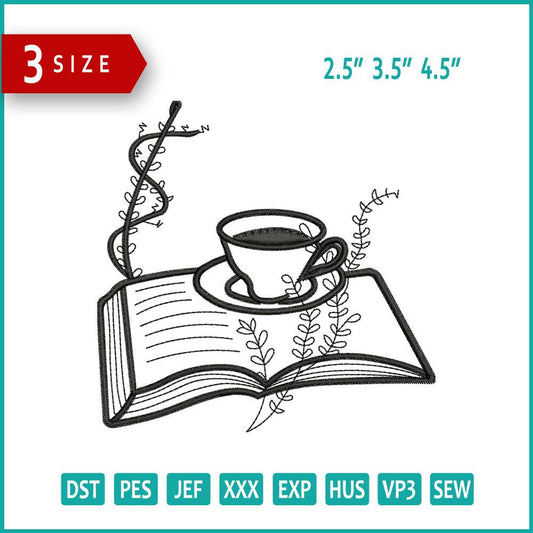 Book With Coffee Cup Embroidery Design Files - 3 Size's