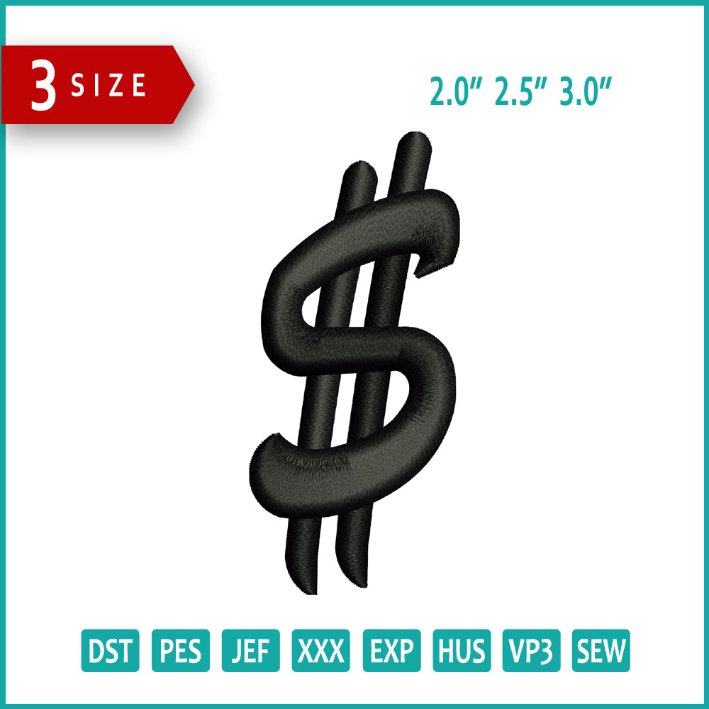 Dollar Sign Embroidery Design Files - 3 Size's