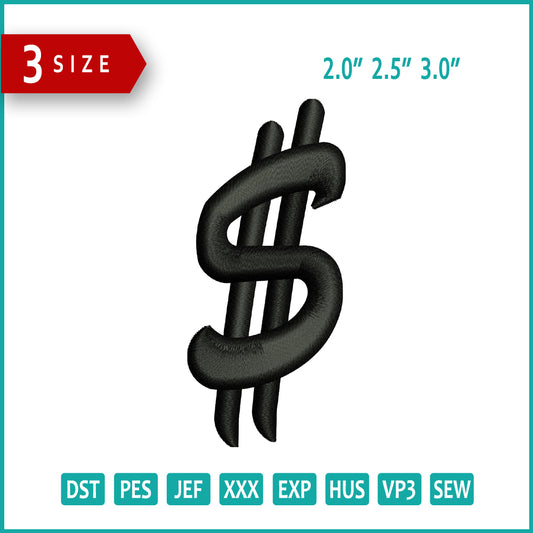 Dollar Sign Embroidery Design Files - 3 Size's