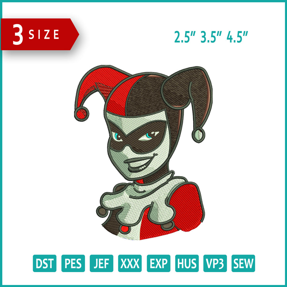 Old Harley Quinn Half Embroidery Design Files - 3 Size's