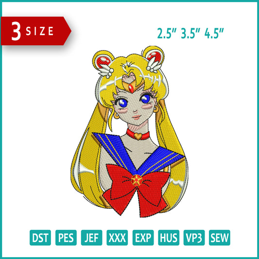 Sailor Moon Half Embroidery Design Files - 3 Size's