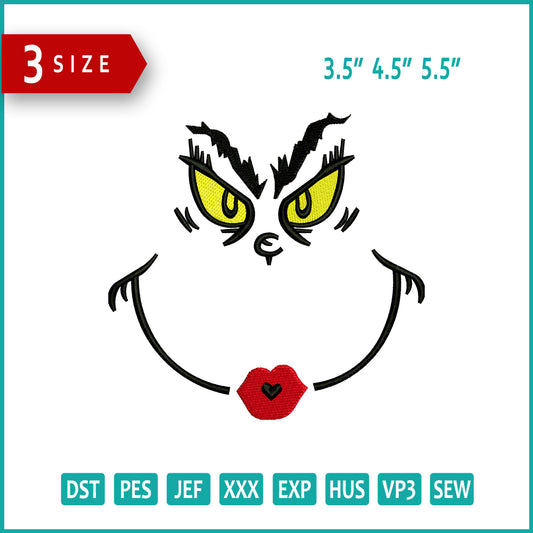 Grinch Face v4 Embroidery Design Files - 3 Size's