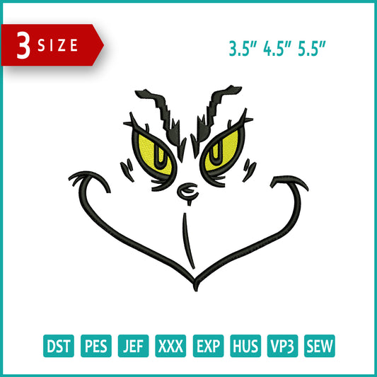 Grinch Face v5 Embroidery Design Files - 3 Size's