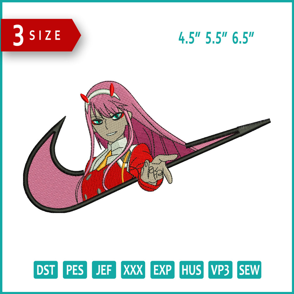 Zero Two Swoosh  Embroidery Design Files - 3 Sizes