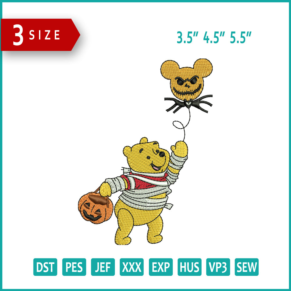 Pooh With Spooky Baloon Embroidery Files - 3 Size's