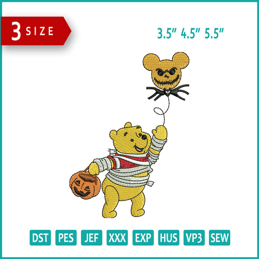 Archivos de bordado de Winnie the Pooh con globo espeluznante (3 tamaños)
