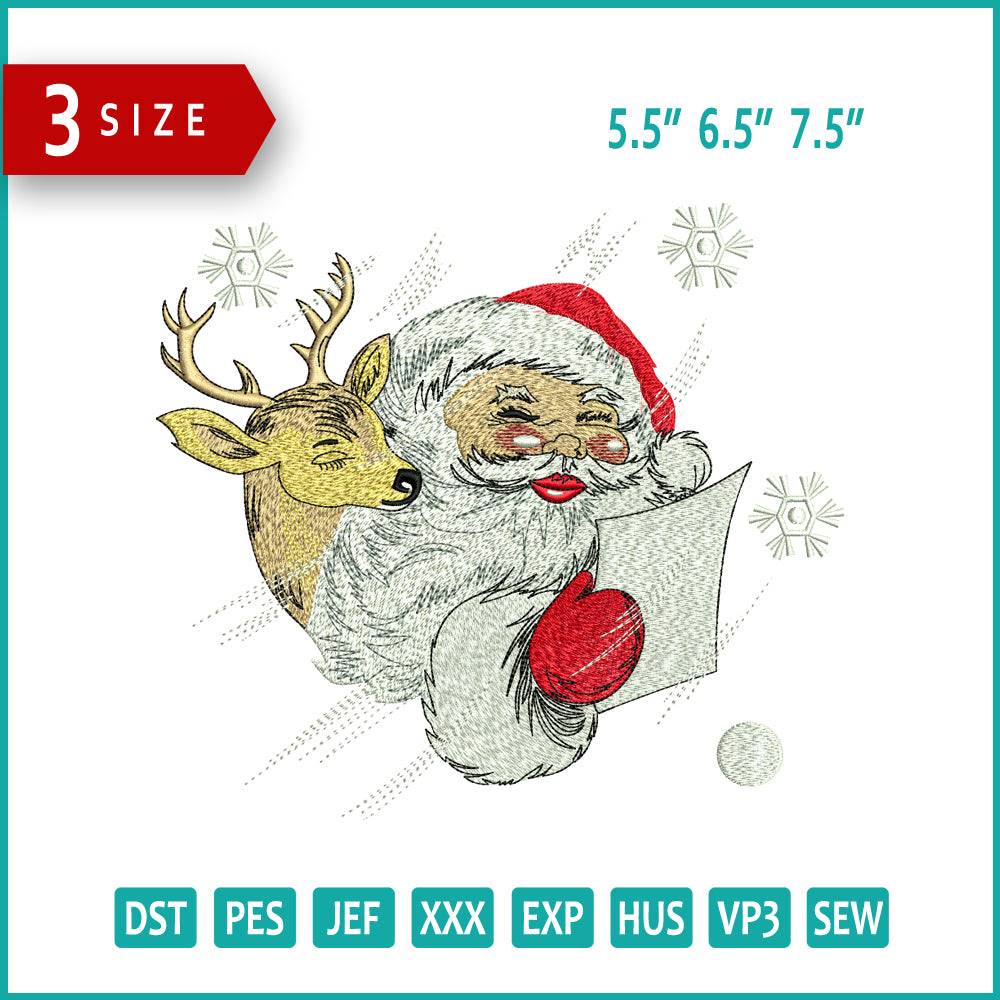 Deer With Santa Embroidery Design Files - 3 Size's