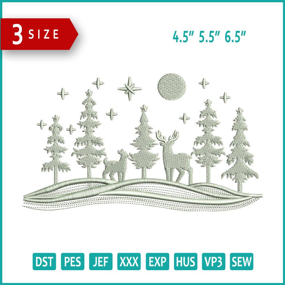 Deer Christmas View Embroidery Design Files - 3 Size's