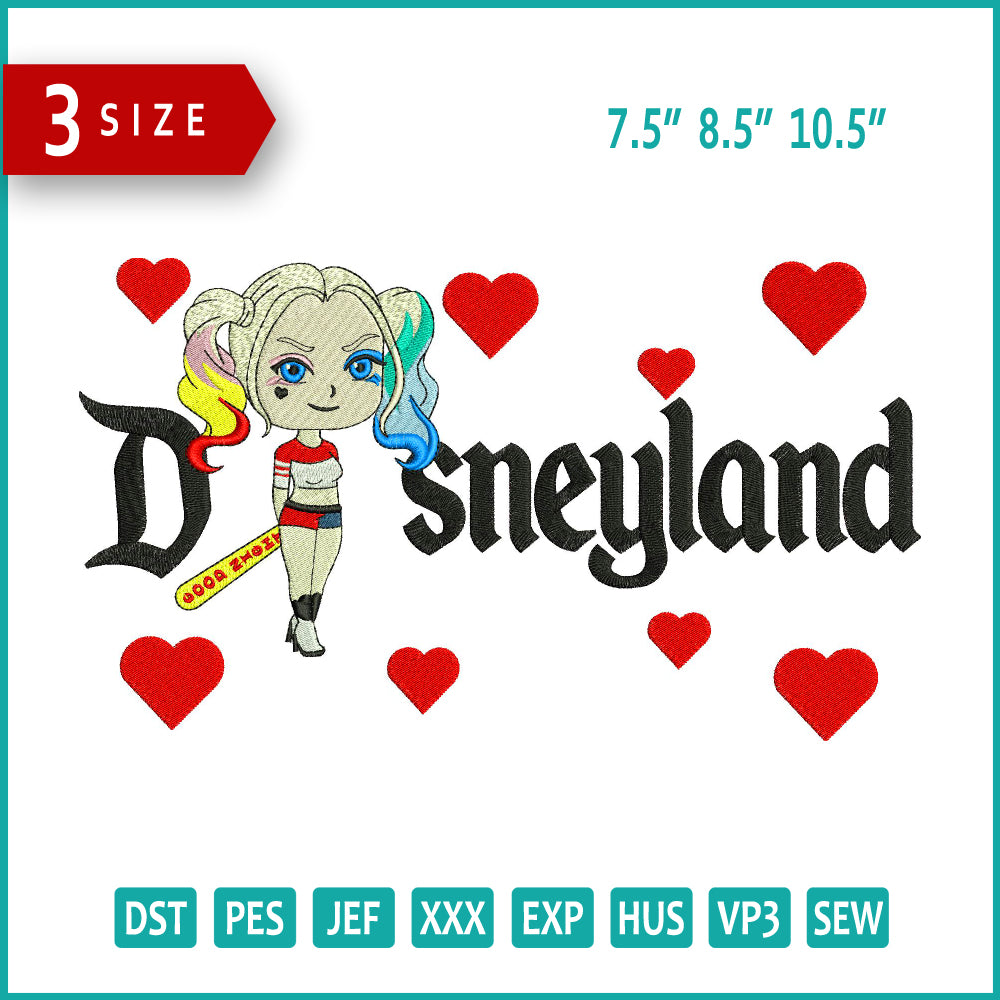 Chibi Harley Quinn Disneyland Embroidery Design Files - 3 Size's