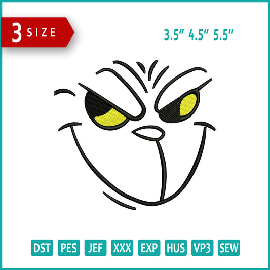 Grinch Smile Embroidery Design Files - 3 Size's