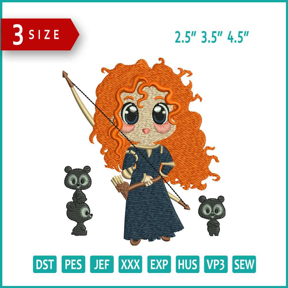 Chibi Princess Merida Embroidery Design Files - 3 Size's