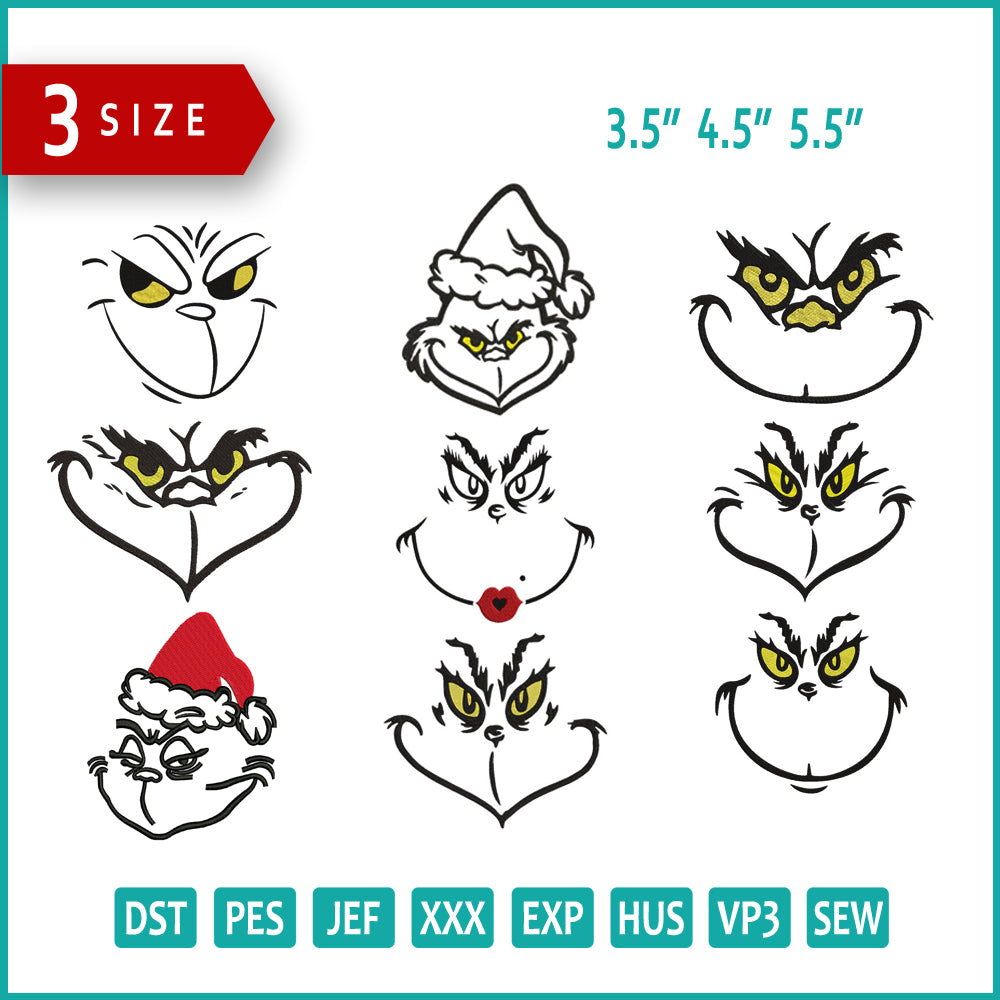 Pack of 9 Grinch Face Embroidery Designs File - 3 Size's