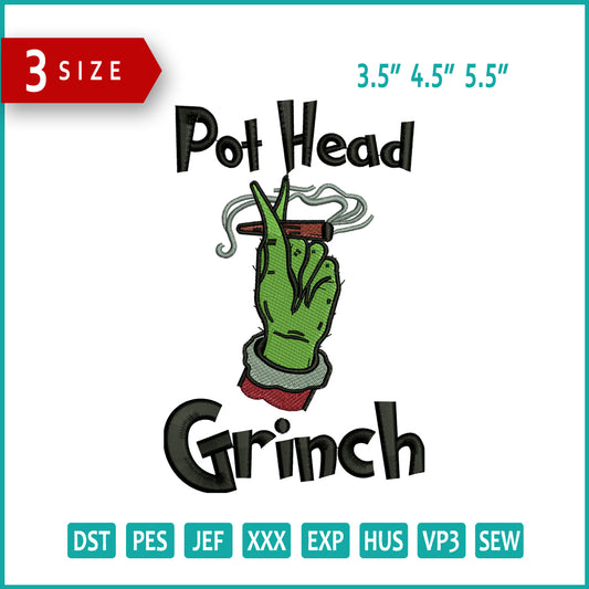 Pot Head Grinch Embroidery Design Files - 3 Size's