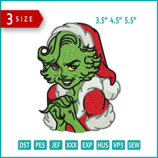 Lady Grinch Embroidery Design Files - 3 Size's