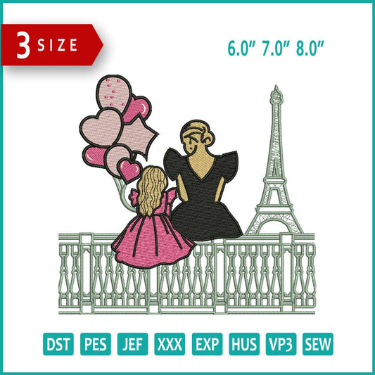 Girl Eiffel Tower Embroidery Design Files - 3 Size's