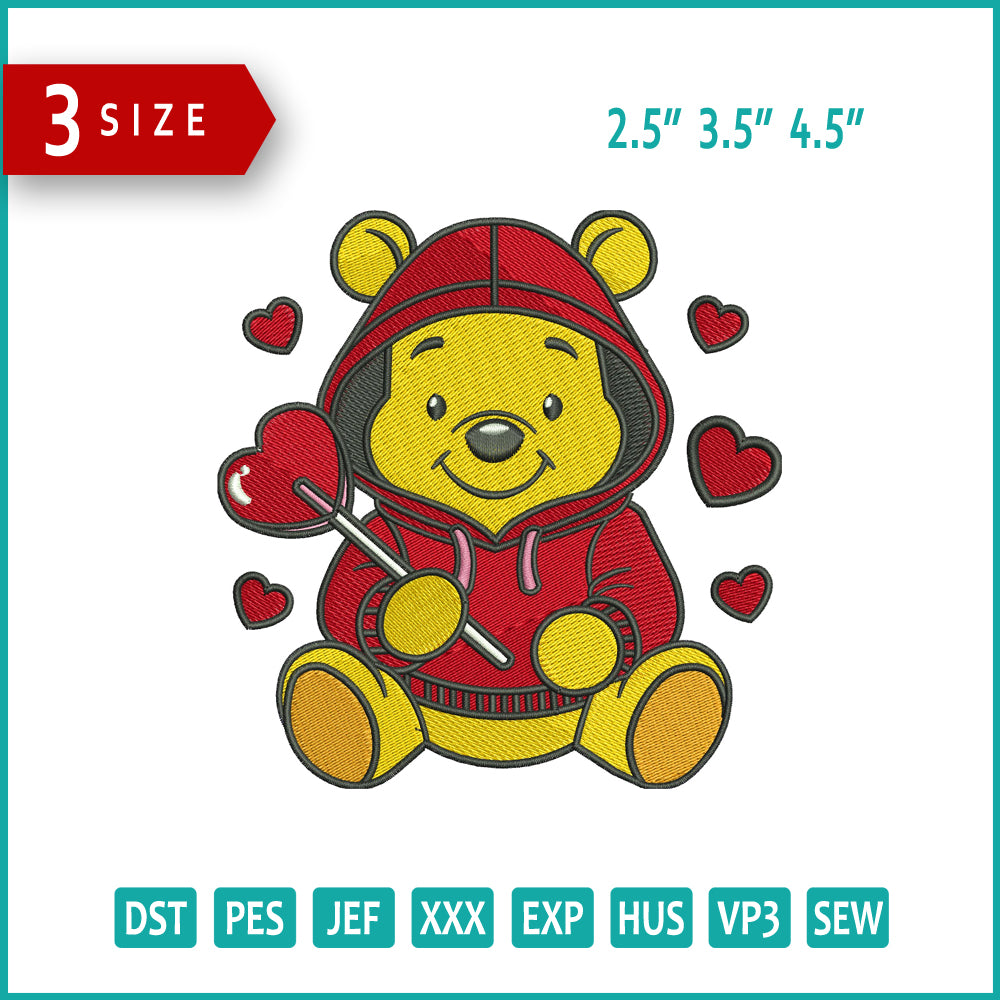 Pooh Love Embroidery Design Files - 3 Size's