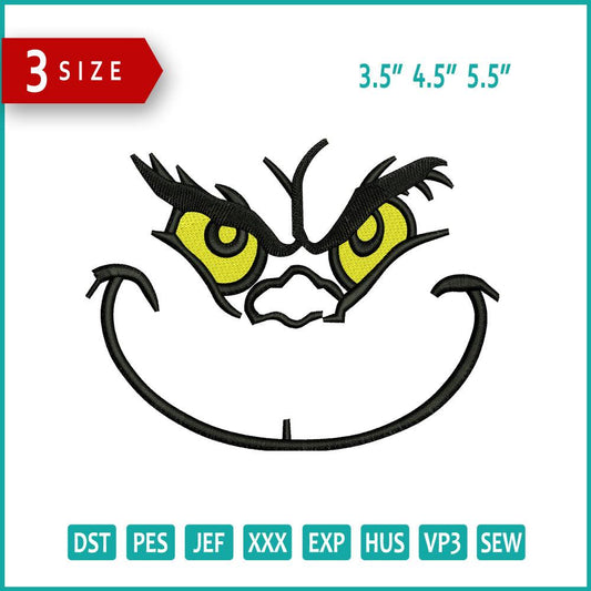 Grinch Face v6 Embroidery Design Files - 3 Size's