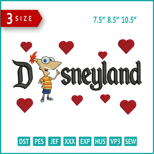 Phineas Flynn Disneyland Embroidery Design Files - 3 Sizes