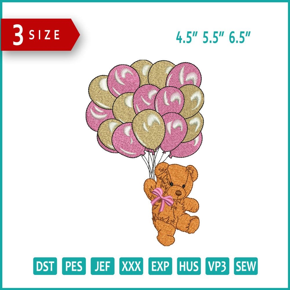 Cute Balloon Bear Embroidery Design Files - 3 Size's