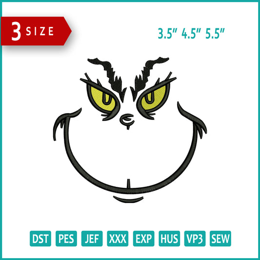 Grinch Face v7 Embroidery Design Files - 3 Size's