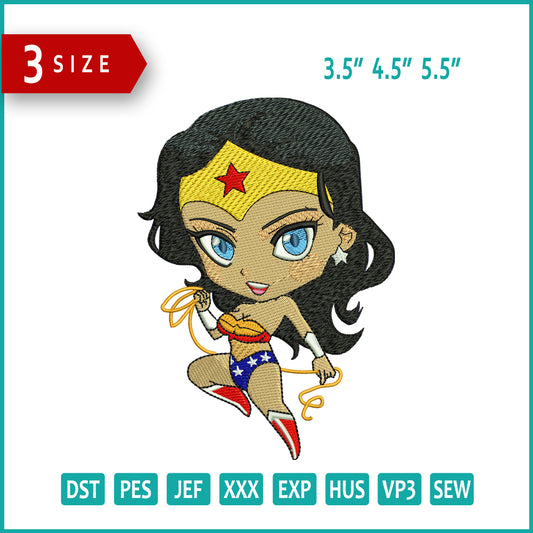 Chibi Wonder Woman  Embroidery Design Files - 3 Size's