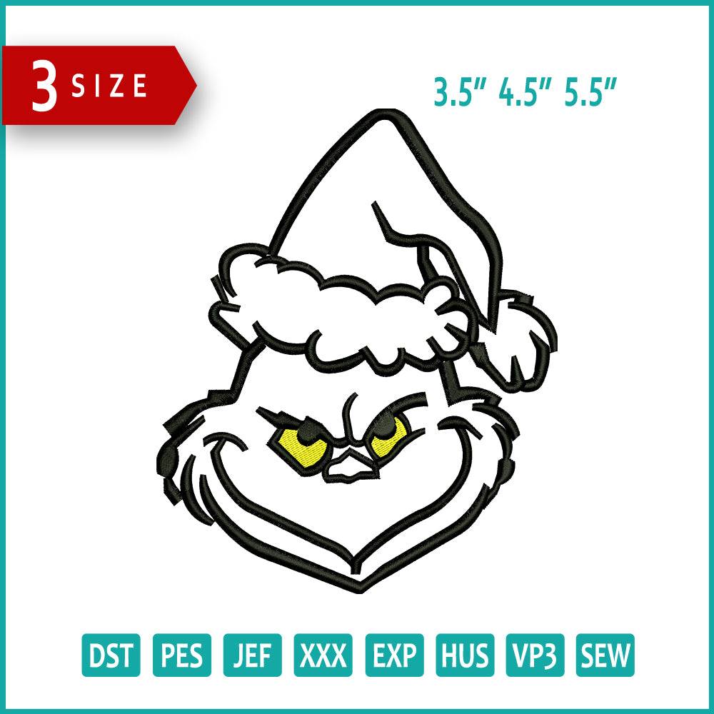 Grinch Face v3 Embroidery Design Files - 3 Size's