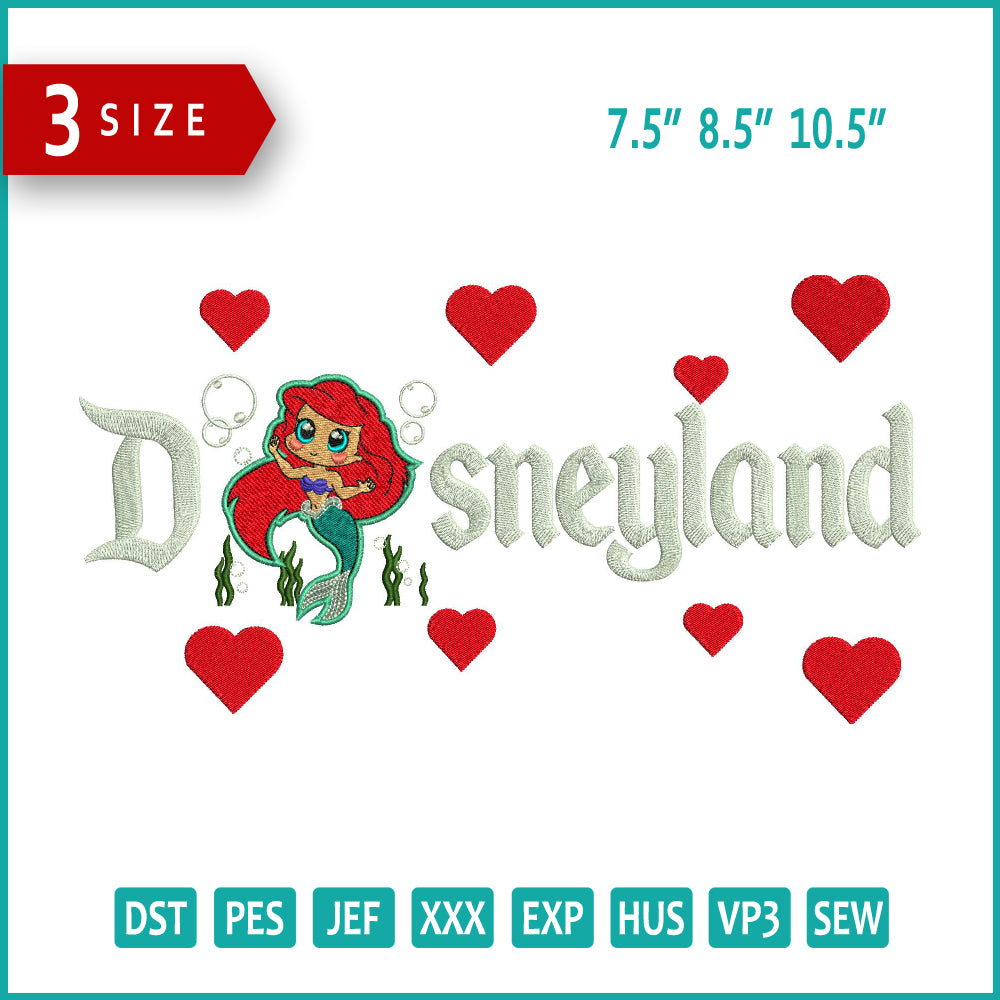 Chibi Ariel Disneyland Embroidery Design Files - 3 Size's